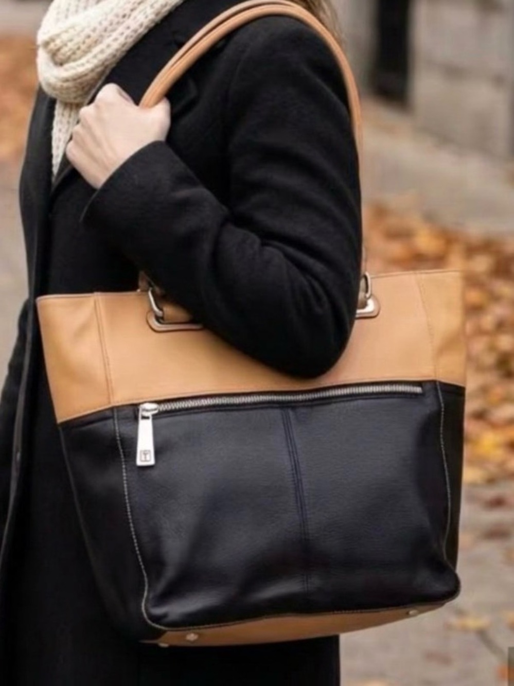 Tignanello Black and Tan Leather Two-Tone Tote